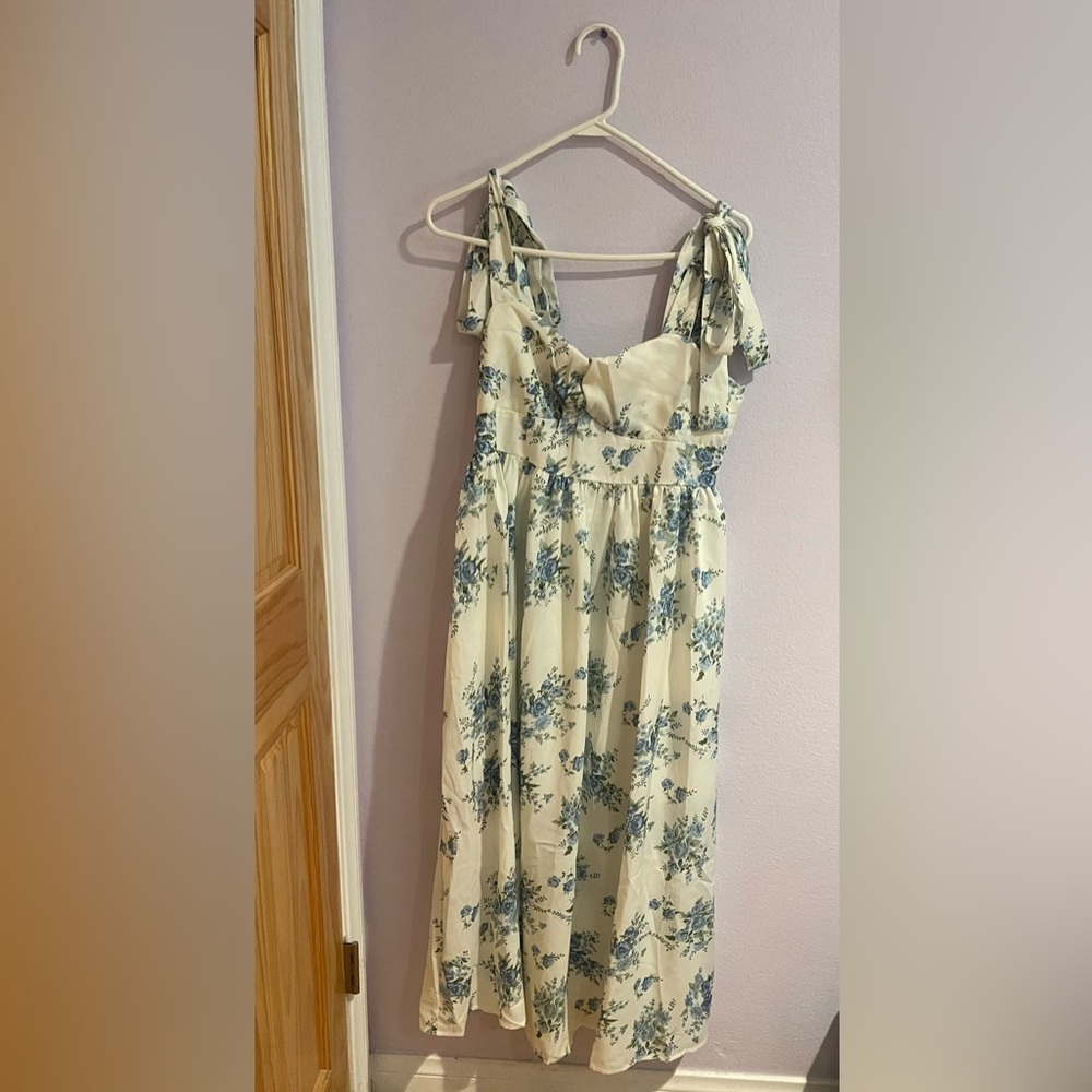 Cider Cream Maxi Dress with Blue Floral Design